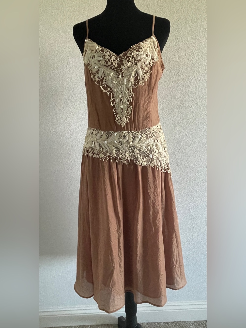 Designer Dress with Cream Lace Trim - Women's Adjustable Spaghetti Strap